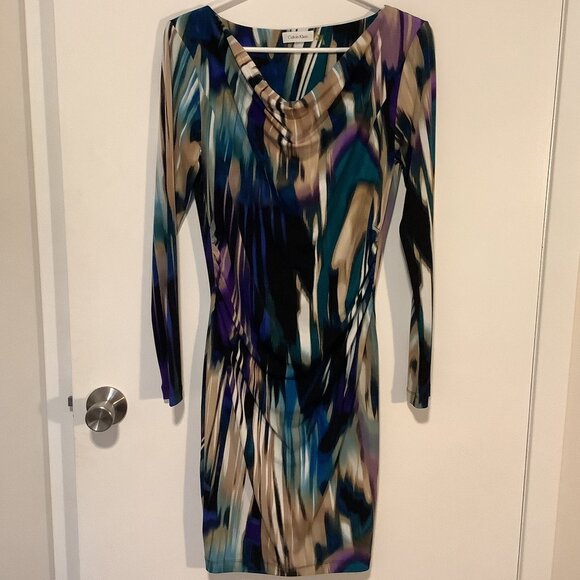 Calvin Klein Abstract Print Bodycon Dress - Size 6 - Picture 1 of 4